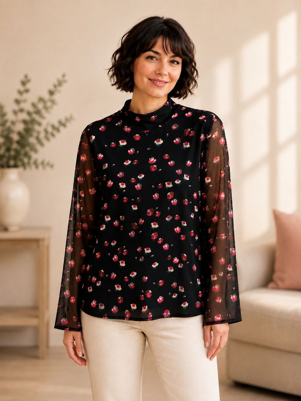 POPSUGAR Women's XL Black Floral Mesh Sheer Sleeve Mock Neck Top Blouse